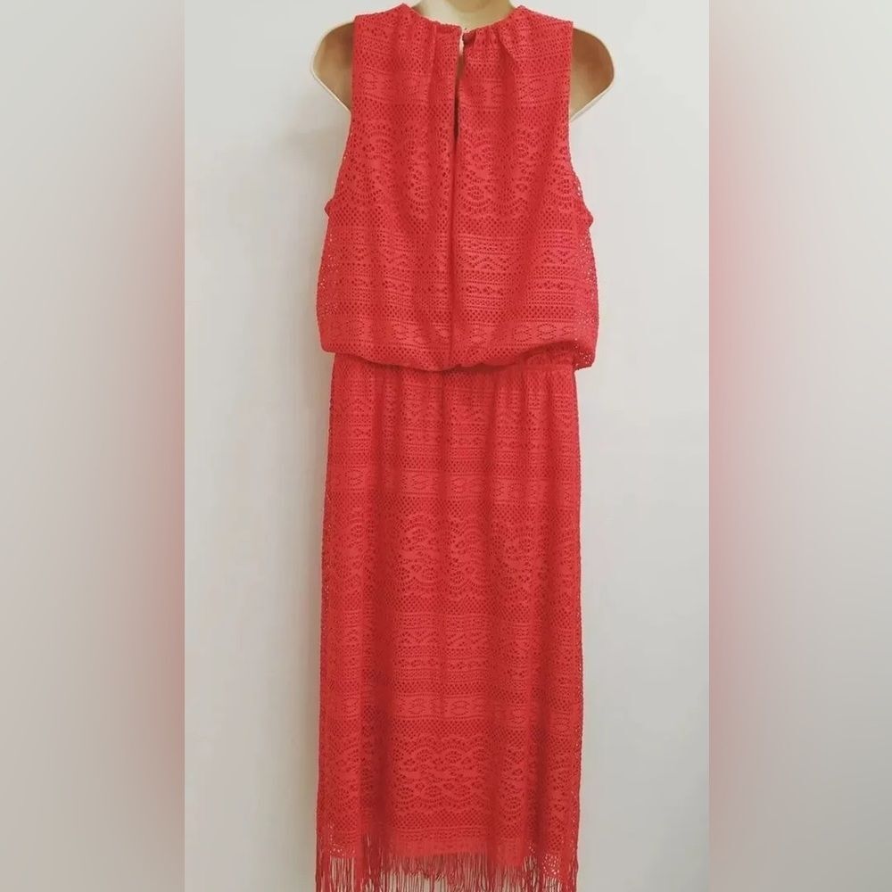 London Times Dress Women Size 12 Red Sleeveless Round Neck Midi Crochet Style - Picture 6 of 13